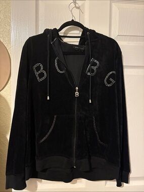 BCBG Black Velour Zip Hoodie with Studded Logo